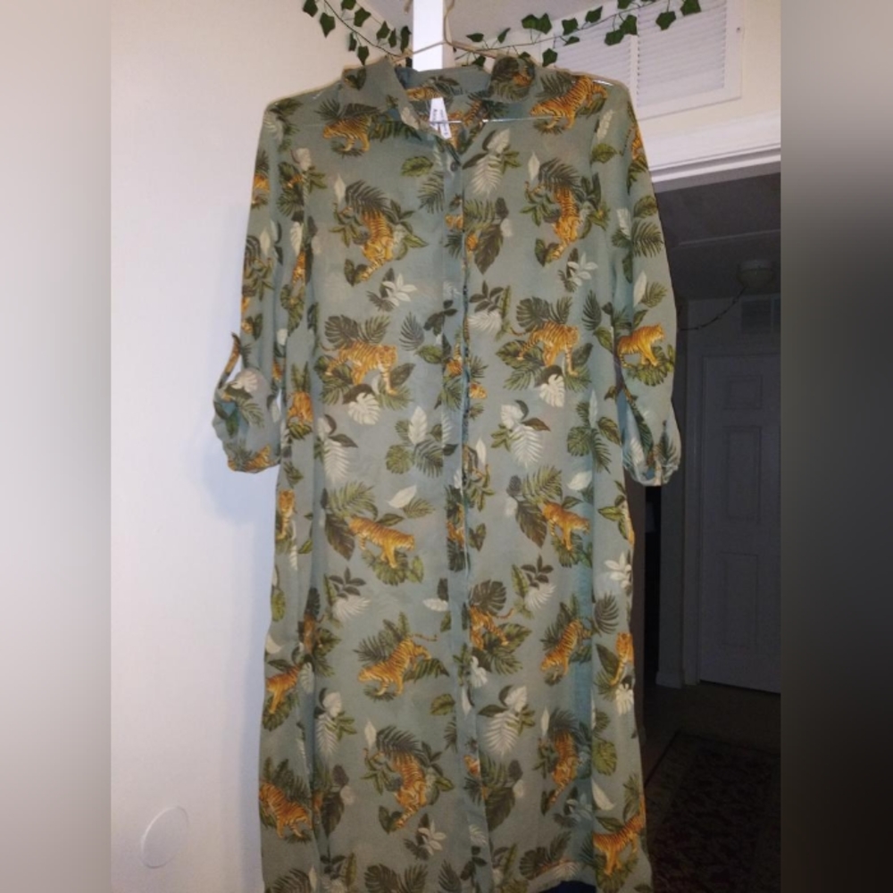 Tiger Print Long Button Up Dress Shirt